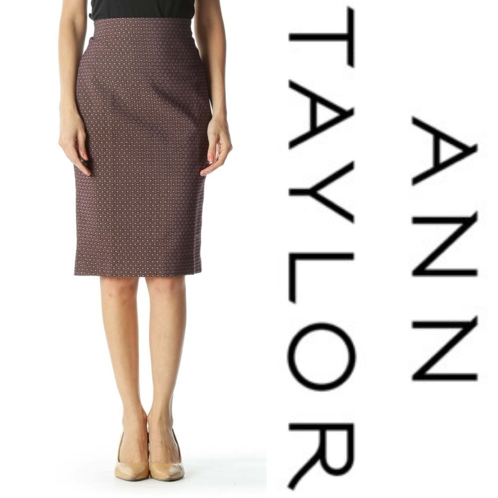ANN TAYLOR  Purple Gold Textured Midi Below Knee Length Straight Pencil Skirt 6P